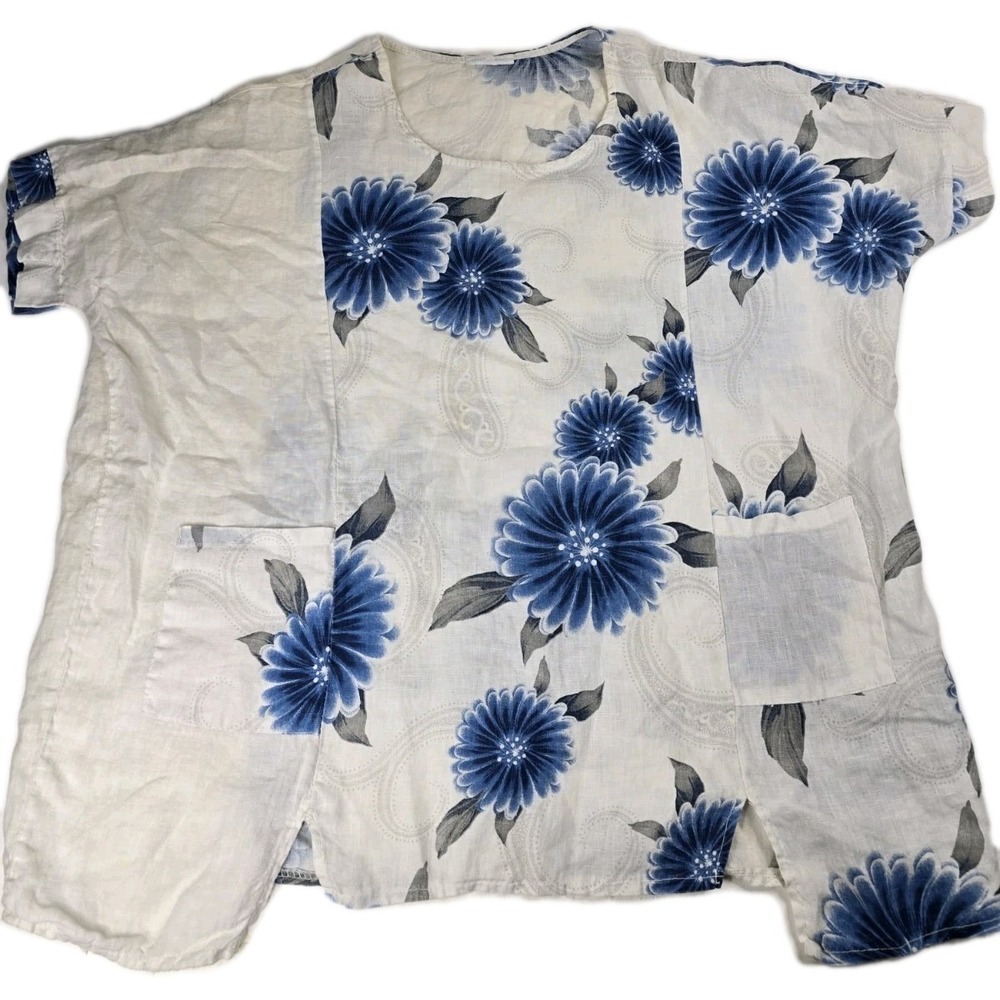 Vtg Vintage Tunic Top Size XXL Blue White Floral‎ Made In Italy Pockets Pullover